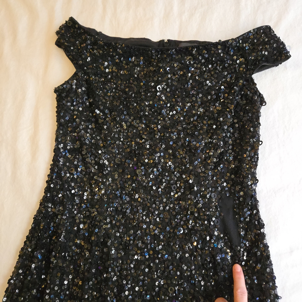 Adrianna Papell Black Sequin Off-Shoulder Midi Evening Party Dress MI3 - Picture 3 of 16